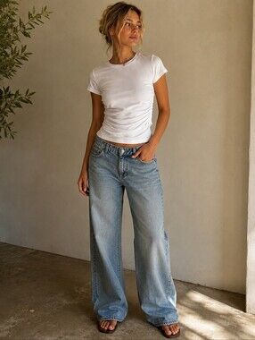 NWT Dynamite White Ruched Side Short Sleeve T-Shirt Crew Neck Cotton Modal Top M